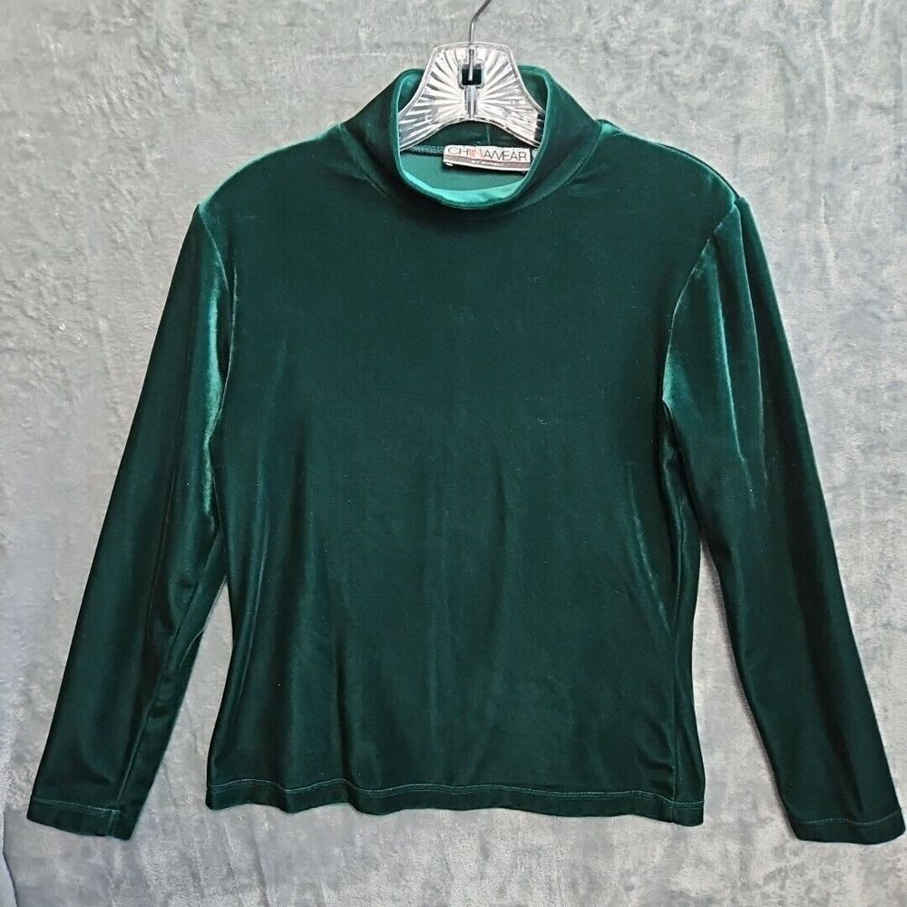Chinawear By Morsly Women's Sm Green Velour Mock Neck Top long sleeve Vintage